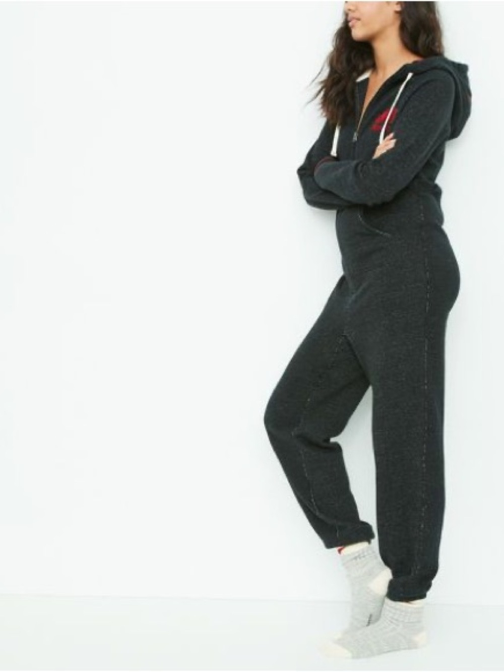 Roots cabin large hooded jumpsuit fleece cozy full zip salt & pepper gray black